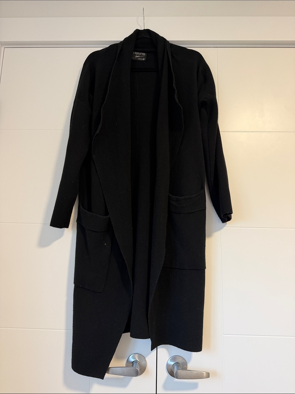 Long Black Open-Front Shawl Collar Cardigan